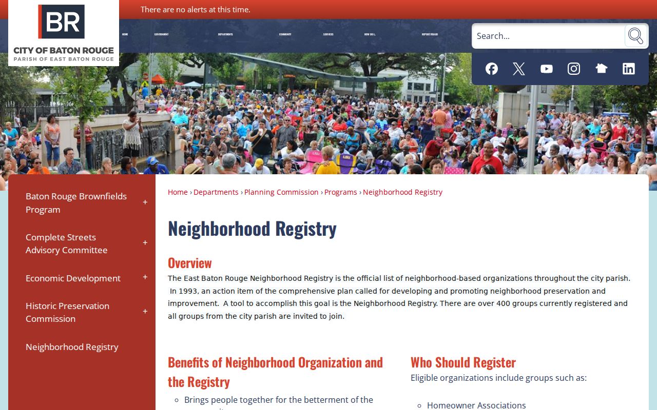Baton Rouge Neighborhood Registry page describing registered community groups