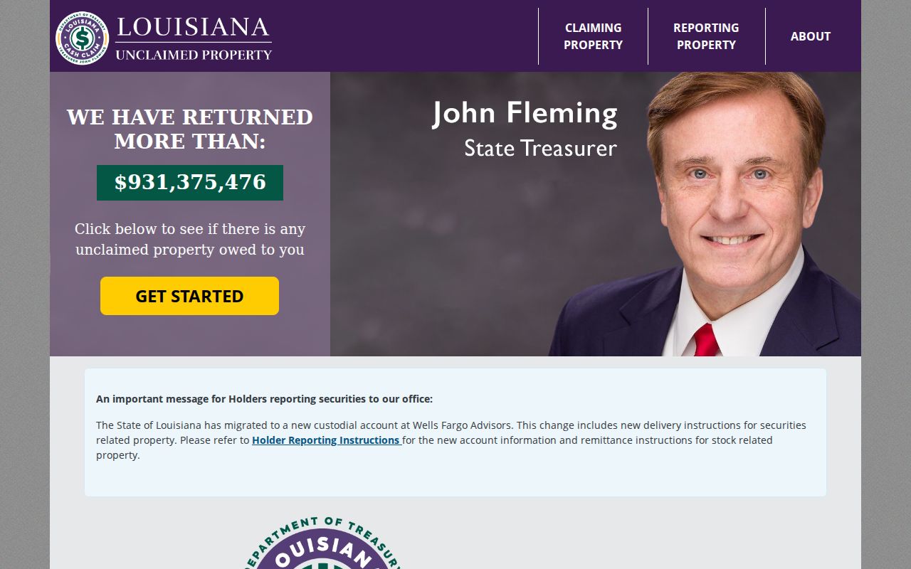 Louisiana unclaimed property search with name, city, and ZIP fields