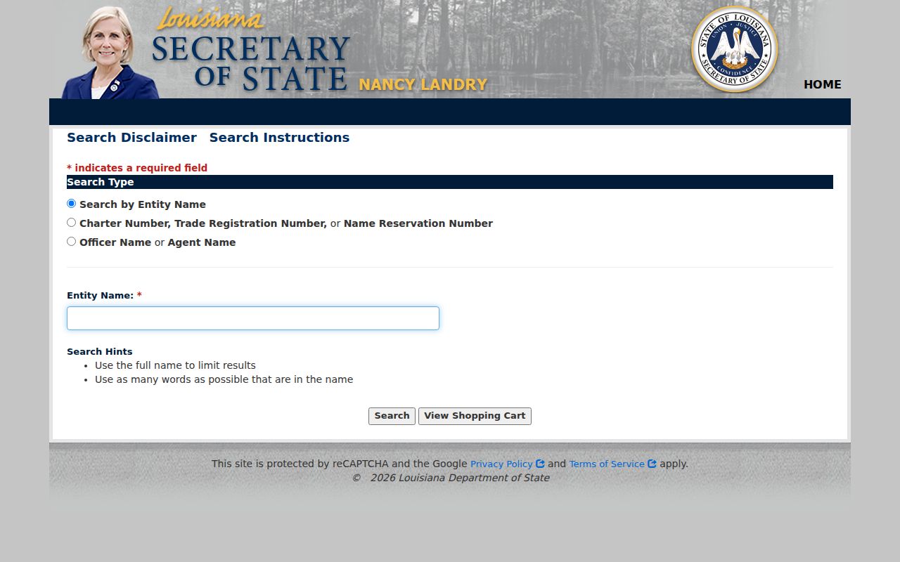 Louisiana commercial search tabs and officer-agent fields
