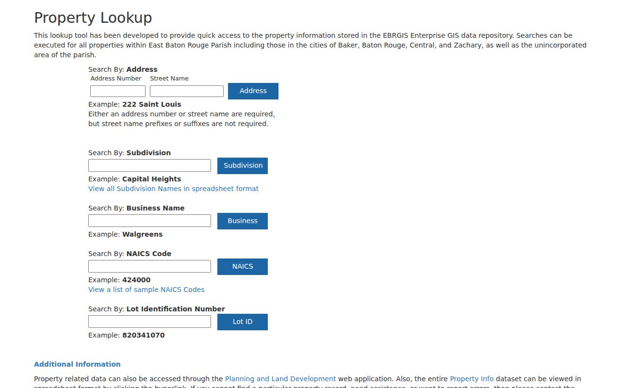 Baton Rouge street directory EBRGIS address search screen