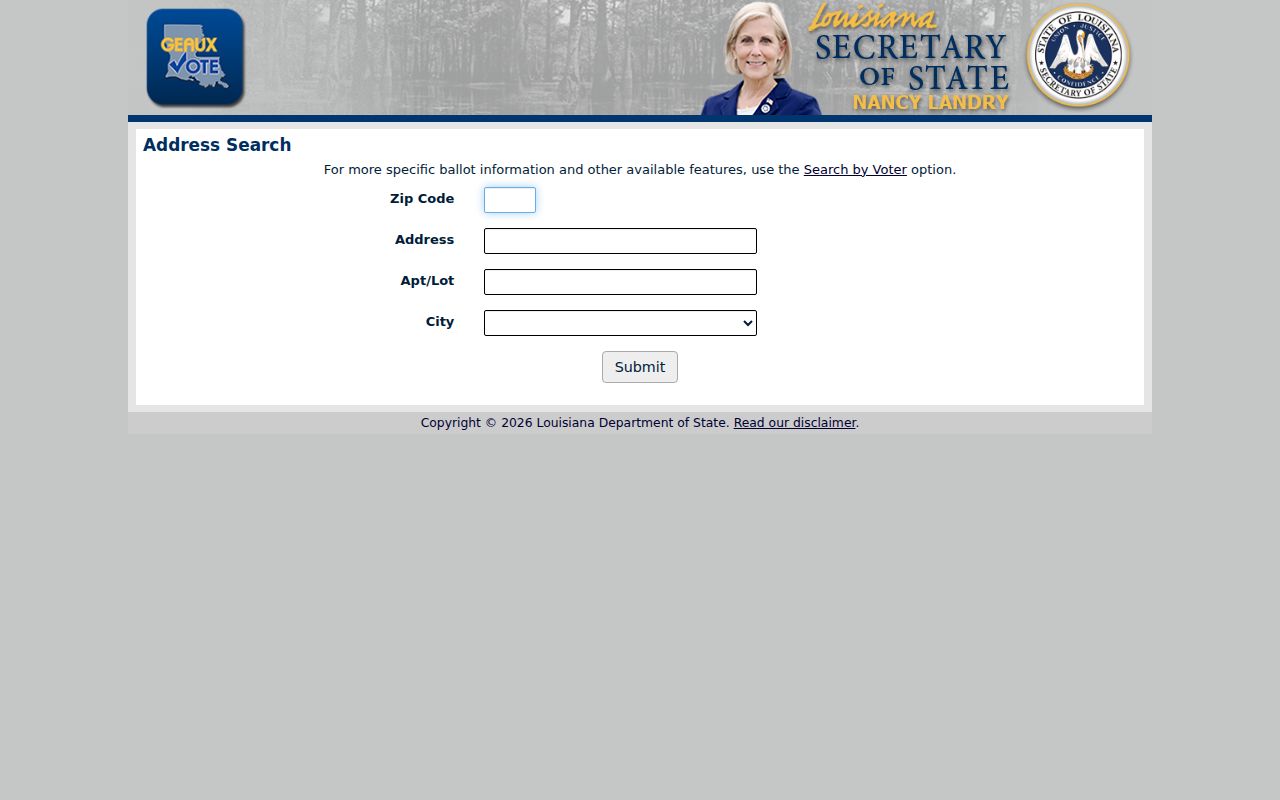 Louisiana voter address search showing ZIP code, address, apartment or lot, and city fields